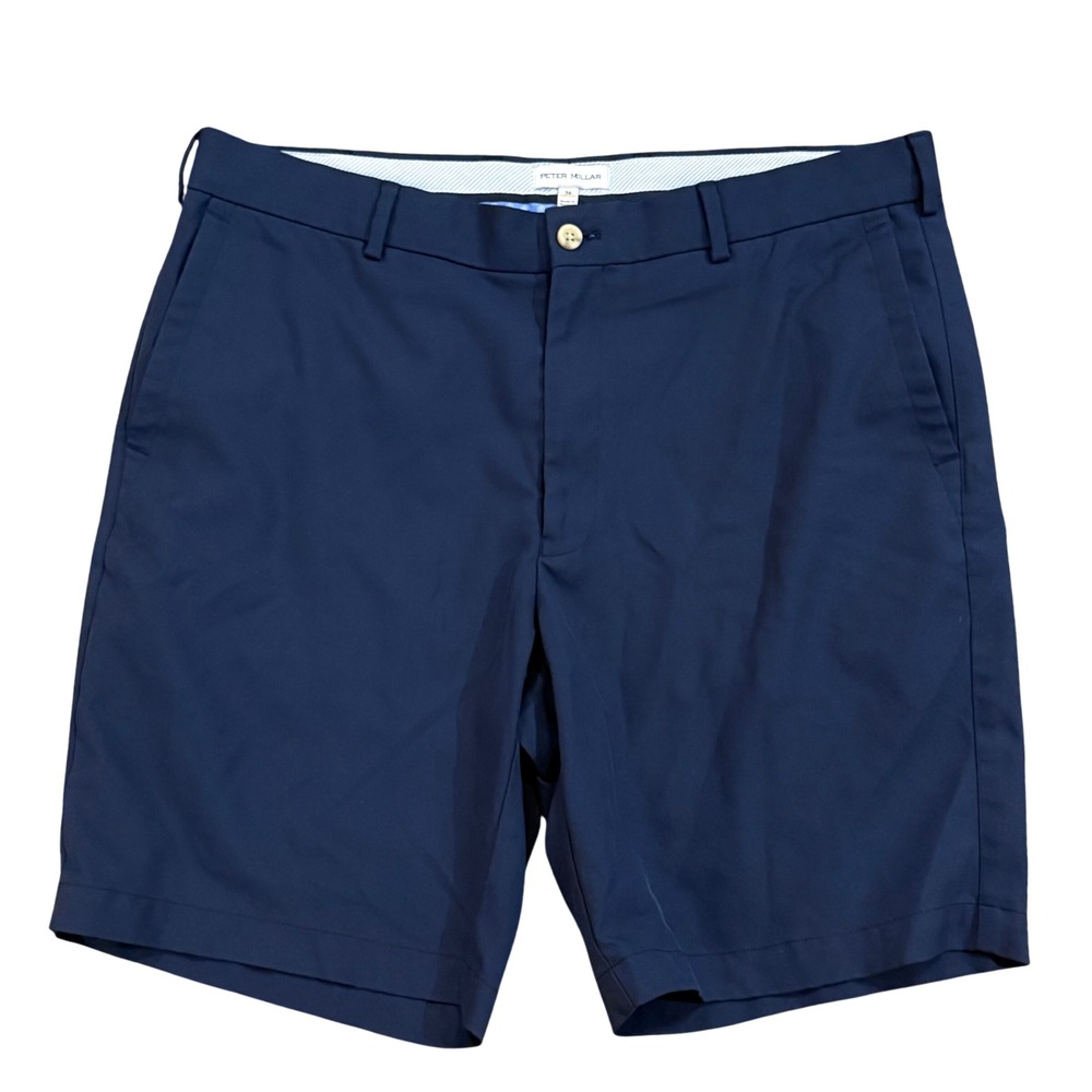 Peter Millar Mens Navy Blue Performance Golf Shorts Size 36 Flat Front Stretch